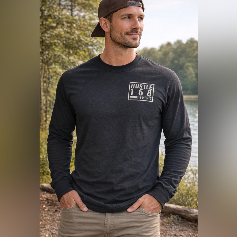 Gildan Men's Long Sleeve Tee - Black with White Chest Graphic